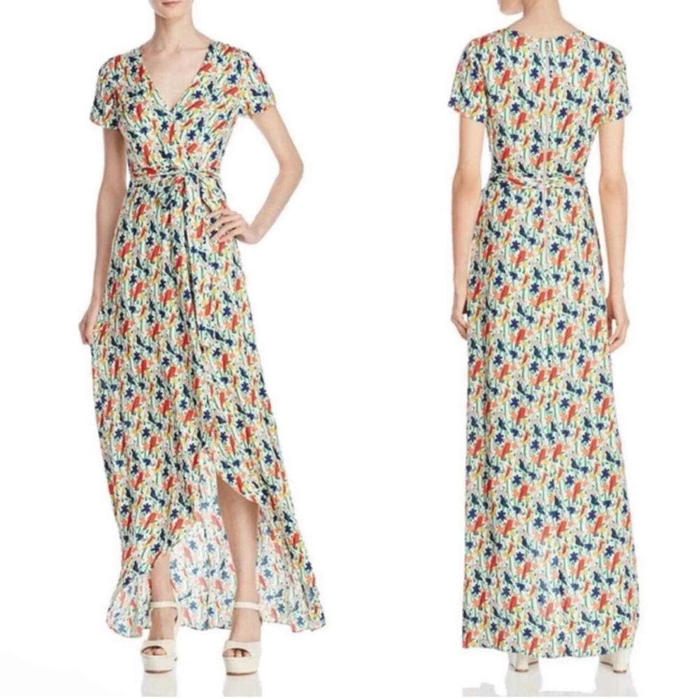 Alice & Olivia Bird Party Adrianna Flutter Sleeve Mock Wrap Maxi Dress Size 12